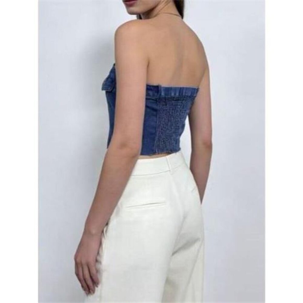Button Front Denim Tube Top - Picture 5 of 5